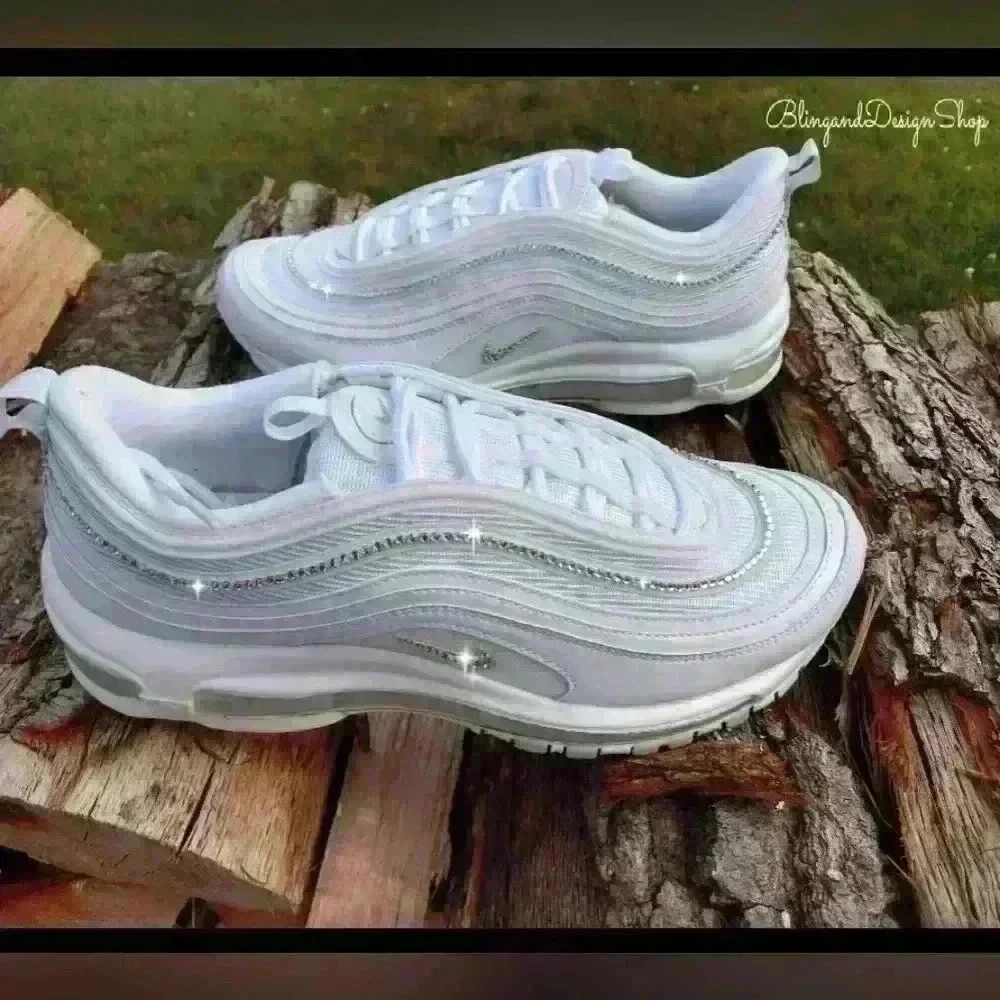 Womens Nike Air Max 97 Shoes All White Custom with Crystals Sneakers